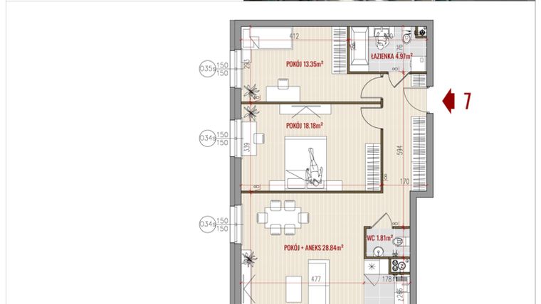 Rzut - Mieszkanie na sprzedaż 3 pokoje o powierzchni 77,13 m² - numer 7 w HUZAR B3