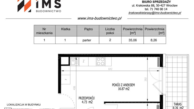 Rzut - Mieszkanie na sprzedaż 2 pokoje o powierzchni 35,06 m² - numer 1 w Krakowskie Tarasy etap V