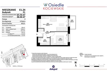 Rzut - Mieszkanie na sprzedaż 2 pokoje o powierzchni 36,56 m² - numer E1.24 w Osiedle Kociewskie bud. E