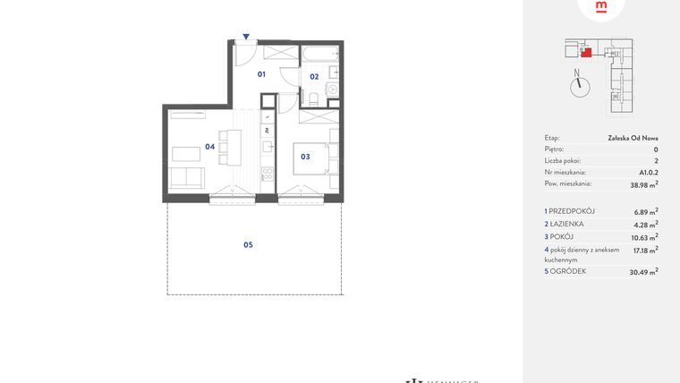 Rzut - Mieszkanie na sprzedaż 2 pokoje o powierzchni 38,98 m² - numer A1.0.2 w Mieszkaj w mieście Załęska od Nowa