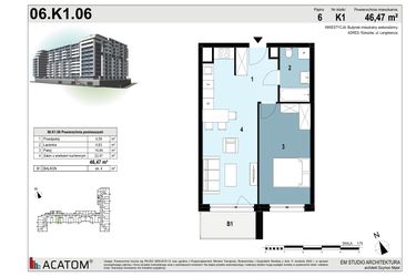 Rzut - Mieszkanie na sprzedaż 2 pokoje o powierzchni 46,47 m² - numer 06.K1.06 w Langiewicza 37