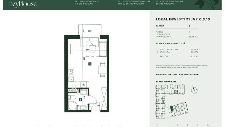 Rzut - Mieszkanie na sprzedaż 1 pokój o powierzchni 26,24 m² - numer C.3.10 w IVY HOUSE - Apartamenty inwestycyjne