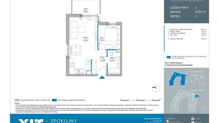 Rzut - Mieszkanie na sprzedaż 2 pokoje o powierzchni 42,85 m² - numer FB0108 w Spokojny Mokotów etap II