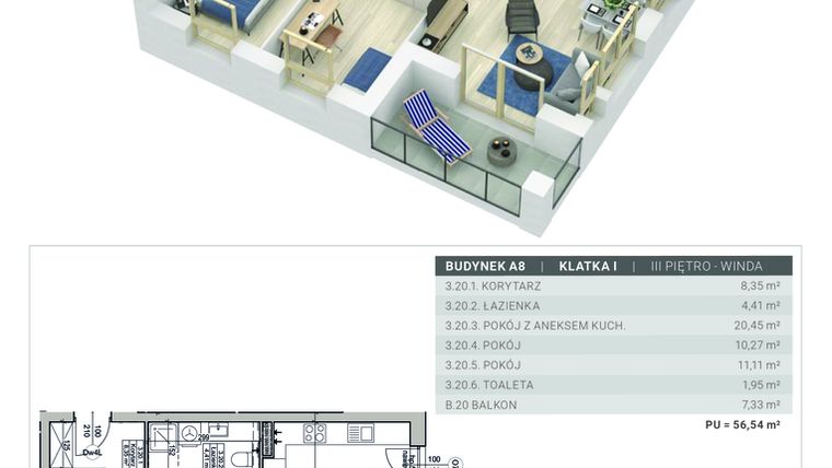 Rzut - Mieszkanie na sprzedaż 3 pokoje o powierzchni 56,54 m² - numer A.8.M20 w Sobola Biel A8