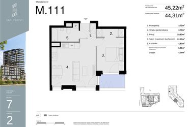 Rzut - Mieszkanie na sprzedaż 2 pokoje o powierzchni 45,22 m² - numer M111 w Sky Trust etap II