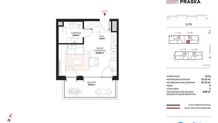 Rzut - Mieszkanie na sprzedaż 1 pokój o powierzchni 31,13 m² - numer B.3.3 w Drucianka Praska