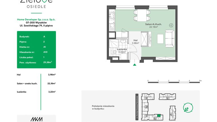 Rzut - Mieszkanie na sprzedaż 1 pokój o powierzchni 29,38 m² - numer A10 w Zielove Osiedle