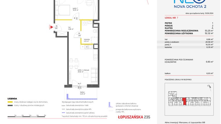 Rzut - Mieszkanie na sprzedaż 3 pokoje o powierzchni 53,25 m² - numer 7 w Neo Nova Ochota 2