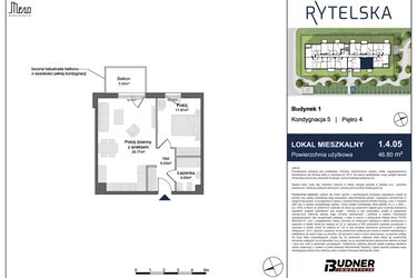 Rzut - Mieszkanie na sprzedaż 2 pokoje o powierzchni 46,8 m² - numer 1.4.05 w Rytelska