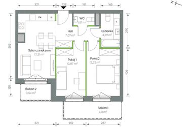Rzut - Mieszkanie na sprzedaż 3 pokoje o powierzchni 54,17 m² - numer 3/B/4/81 w Oliwska Vita