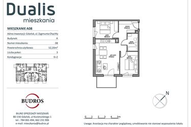 Rzut - Mieszkanie na sprzedaż 3 pokoje o powierzchni 52,2 m² - numer A08 w Dualis