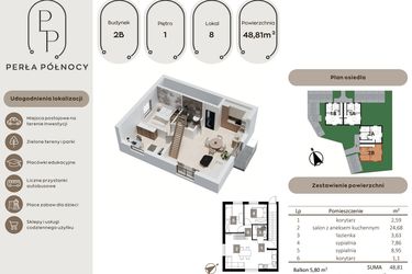 Rzut - Mieszkanie na sprzedaż 3 pokoje o powierzchni 74,74 m² - numer 8 w Perła Północy etap 1