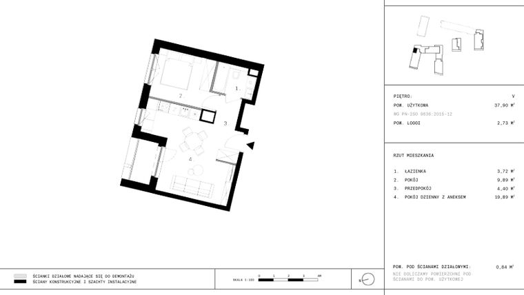 Rzut - Mieszkanie na sprzedaż 2 pokoje o powierzchni 37,9 m² - numer 208 w 28 czerwca 1956 r.