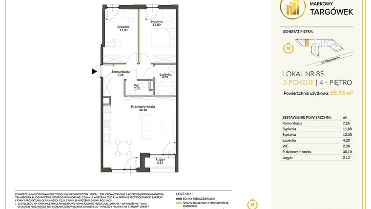 Rzut - Mieszkanie na sprzedaż 3 pokoje o powierzchni 69,12 m² - numer 85 w Markowy Targówek