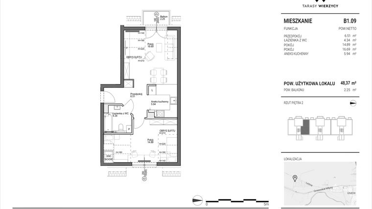 Rzut - Mieszkanie na sprzedaż 2 pokoje o powierzchni 48,37 m² - numer B1.09 w Tarasy Wierzycy