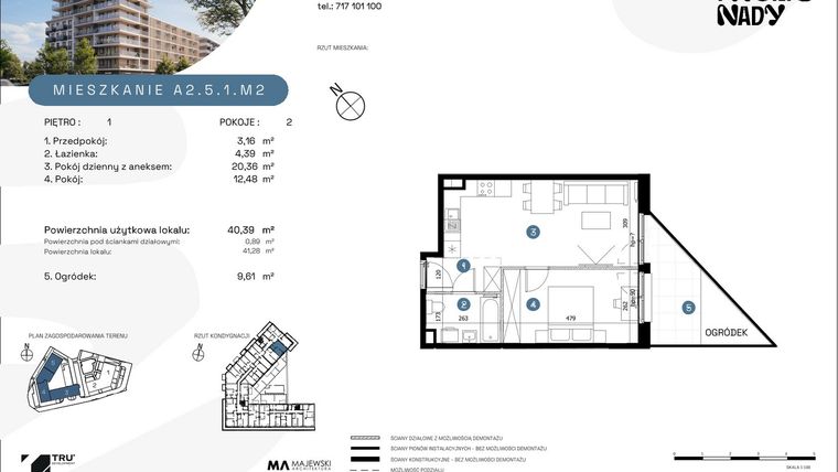 Rzut - Mieszkanie na sprzedaż 2 pokoje o powierzchni 40,39 m² - numer A2.5.1.M2 w Nowe Promenady