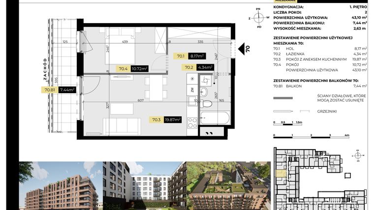 Rzut - Mieszkanie na sprzedaż 2 pokoje o powierzchni 43,1 m² - numer M/70 w Tarasy Śląskie