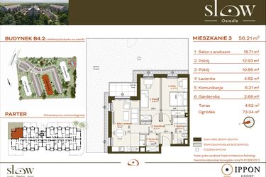 Rzut - Mieszkanie na sprzedaż 3 pokoje o powierzchni 56,21 m² - numer B4.2.3 w Osiedle SLOW
