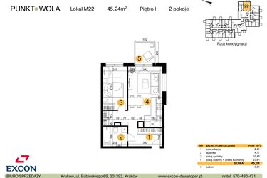 Rzut - Mieszkanie na sprzedaż 2 pokoje o powierzchni 45,24 m² - numer M22 w Punkt Wola