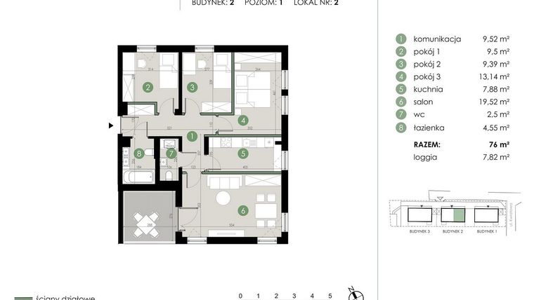 Rzut - Mieszkanie na sprzedaż 4 pokoje o powierzchni 76 m² - numer 2.2. w Osiedle Kwiatowa