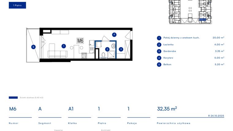 Rzut - Mieszkanie na sprzedaż 1 pokój o powierzchni 32,35 m² - numer 6A w Przy Bursztynowej
