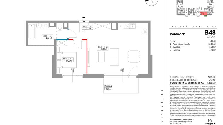 Rzut - Mieszkanie na sprzedaż 2 pokoje o powierzchni 48,61 m² - numer B48 w Różany Potok