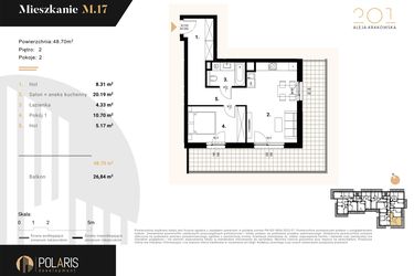 Rzut - Mieszkanie na sprzedaż 2 pokoje o powierzchni 48,7 m² - numer M17 w Aleja Krakowska 201