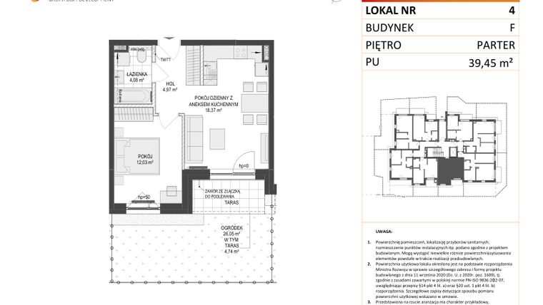 Rzut - Mieszkanie na sprzedaż 2 pokoje o powierzchni 39,45 m² - numer F.4 w Osiedle Warszawska