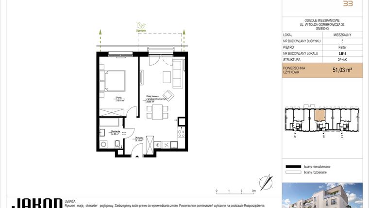 Rzut - Mieszkanie na sprzedaż 2 pokoje o powierzchni 51,03 m² - numer 3.B14 w Gombrowicza 33 - etap II