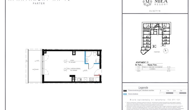 Rzut - Mieszkanie na sprzedaż 1 pokój o powierzchni 36,94 m² - numer 13 w Miła Resort