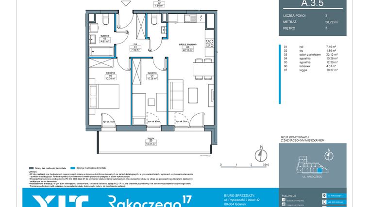 Rzut - Mieszkanie na sprzedaż 3 pokoje o powierzchni 58,72 m² - numer A.3.5 w Rakoczego 17