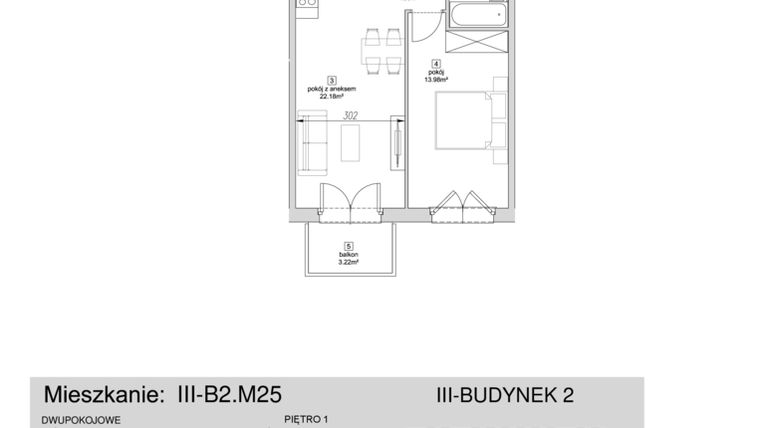 Rzut - Mieszkanie na sprzedaż 2 pokoje o powierzchni 45,07 m² - numer III-B2.M25 w Strefa Cegielnia 3