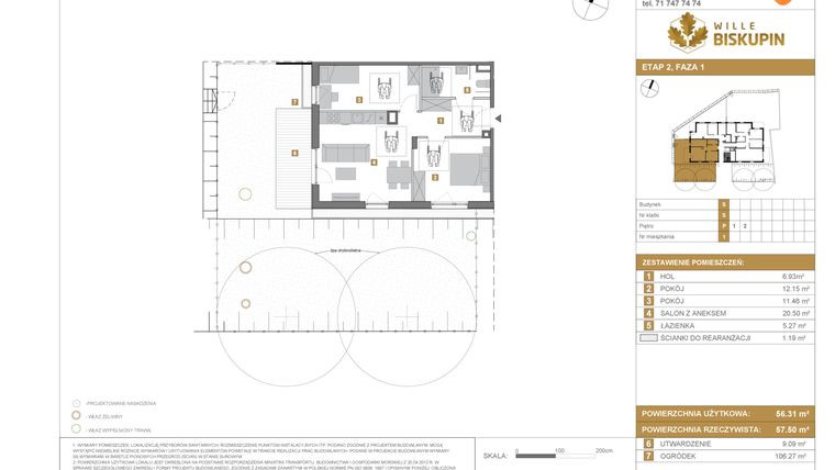 Rzut - Mieszkanie na sprzedaż 3 pokoje o powierzchni 56,31 m² - numer S1 w Wille Biskupin Etap 2.1