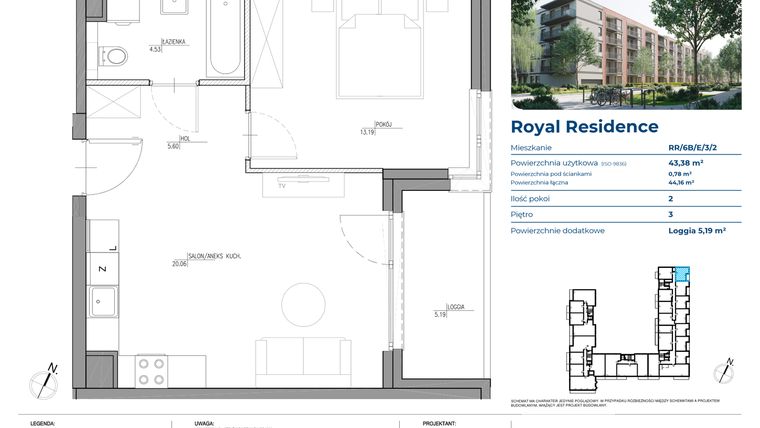 Rzut - Mieszkanie na sprzedaż 2 pokoje o powierzchni 43,38 m² - numer RR/6B/E/3/2 w Royal Residence 6B