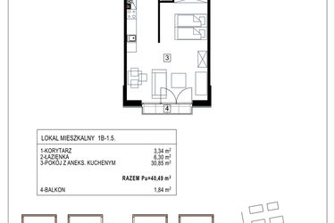Rzut - Mieszkanie na sprzedaż 1 pokój o powierzchni 40,49 m² - numer 1B-1.5 w Gardenia Pogodno