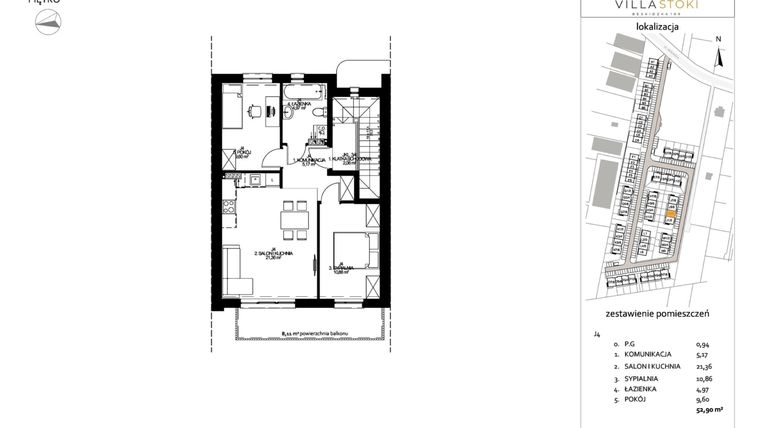 Rzut - Mieszkanie na sprzedaż 3 pokoje o powierzchni 52,9 m² - numer J4 w Villa Stoki (mieszkania)