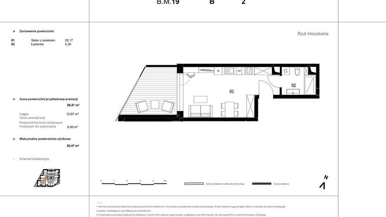 Rzut - Mieszkanie na sprzedaż 1 pokój o powierzchni 89,88 m² - numer B.M.19 w VIDOK