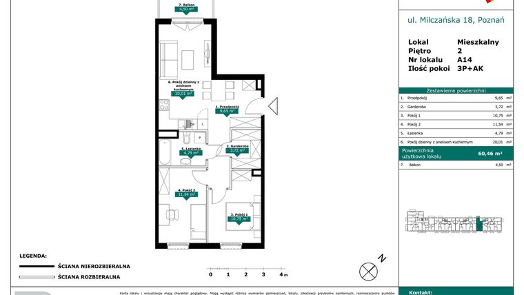 Rzut - Mieszkanie na sprzedaż 3 pokoje o powierzchni 60,46 m² - numer A14 w Milczańska 18