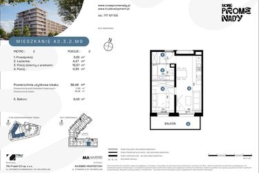 Rzut - Mieszkanie na sprzedaż 2 pokoje o powierzchni 36,48 m² - numer A2.3.2.M9 w Nowe Promenady