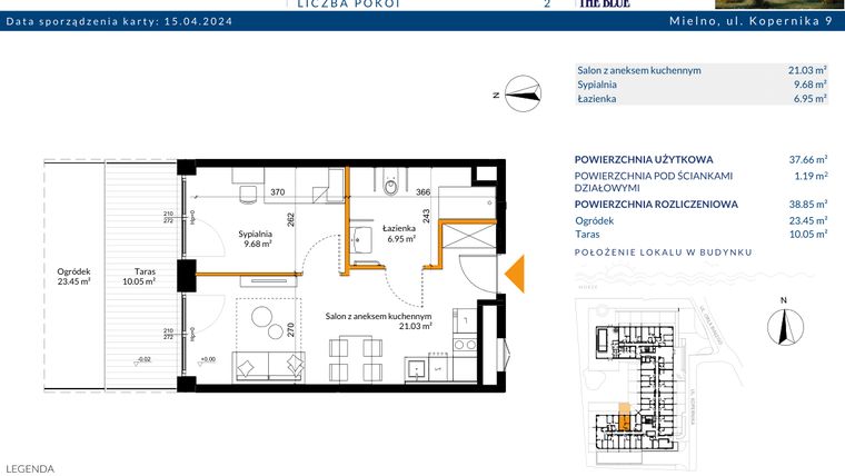 Rzut - Mieszkanie na sprzedaż 2 pokoje o powierzchni 38,85 m² - numer 0.07 w The Blue