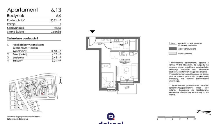 Rzut - Mieszkanie na sprzedaż 1 pokój o powierzchni 30,71 m² - numer 6.13 w Trimare