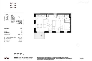 Rzut - Mieszkanie na sprzedaż 1 pokój o powierzchni 59,59 m² - numer A.01 w Dolna Górna Wilda