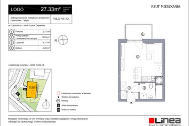 Rzut - Mieszkanie na sprzedaż 1 pokój o powierzchni 27,33 m² - numer R_LG-18_12 w os. Dąbrówka – Leśna Polana