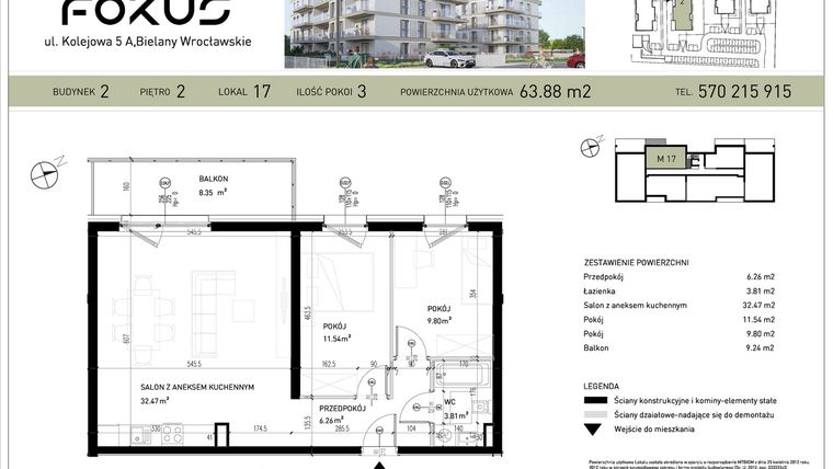 Rzut - Mieszkanie na sprzedaż 3 pokoje o powierzchni 63,88 m² - numer B2-17 w Fokus Bielany