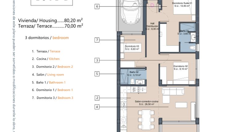 Rzut - Mieszkanie na sprzedaż 3 pokoje o powierzchni 80,2 m² - numer 3.0.D w LA Sunrise - Los Alcázares