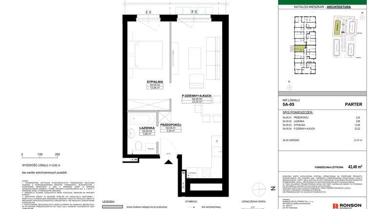 Rzut - Mieszkanie na sprzedaż 2 pokoje o powierzchni 42,48 m² - numer 5A-05 w Nowa Północ etap 2A