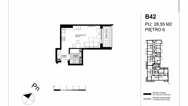 Rzut - Mieszkanie na sprzedaż 1 pokój o powierzchni 28,55 m² - numer B42 w Apartamenty Kopernika - etap II