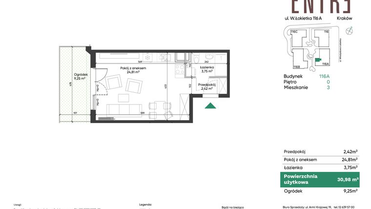 Rzut - Mieszkanie na sprzedaż 1 pokój o powierzchni 30,98 m² - numer 116A-M03 w Entre