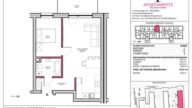 Rzut - Mieszkanie na sprzedaż 2 pokoje o powierzchni 47,67 m² - numer B.45 w Apartamenty Grójeckie Ogrody
