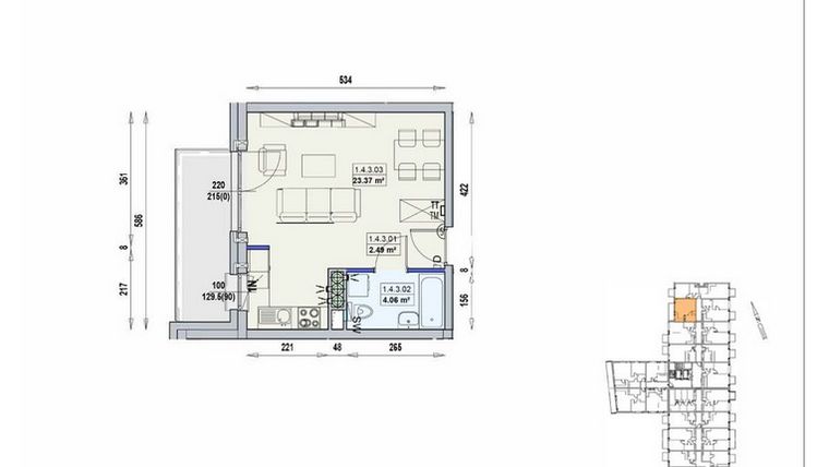Rzut - Mieszkanie na sprzedaż 1 pokój o powierzchni 29,92 m² - numer 1/4/3/1a w Gwarna